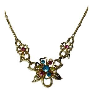 Coro Necklace Gold Pastel Rhinestone Flower 16” Bar Link Chain Multi Color Vtg